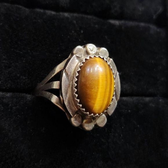 VINTAGE Sterling Silver Tigers Eye Ring Size 8 Gemstone Cabochon - Picture 1 of 7